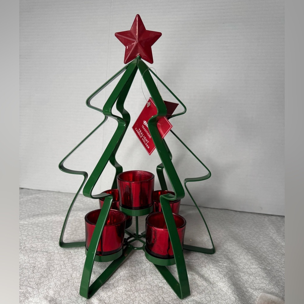 Votive candleholder Green and Red Christmas Tree holds five candles NWT